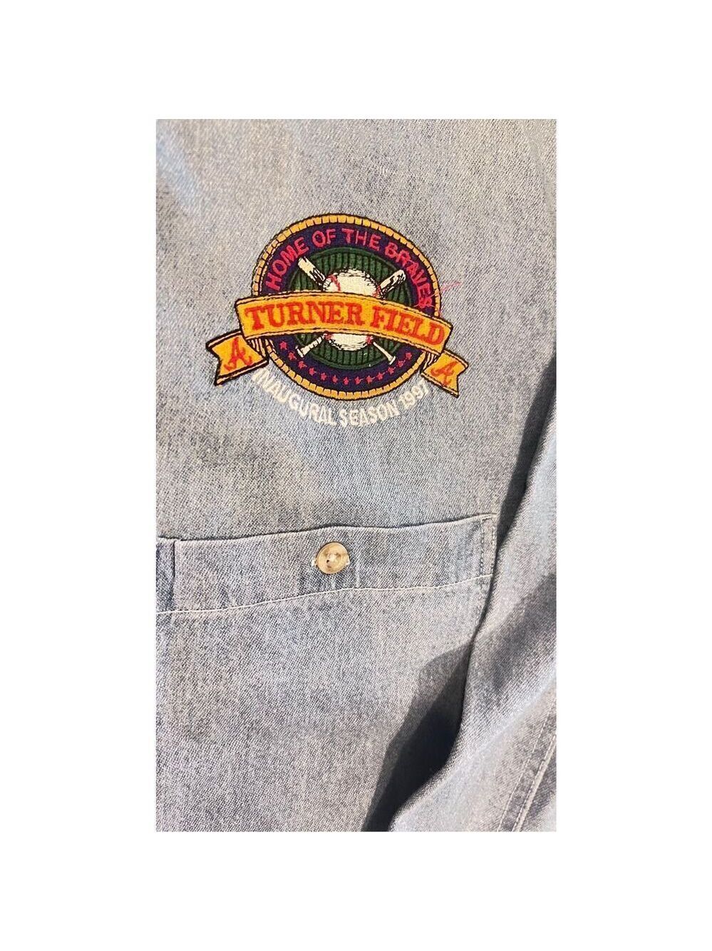 Vintage 90s jean shirt with a patch commemorating the inauguration of Turner Fie